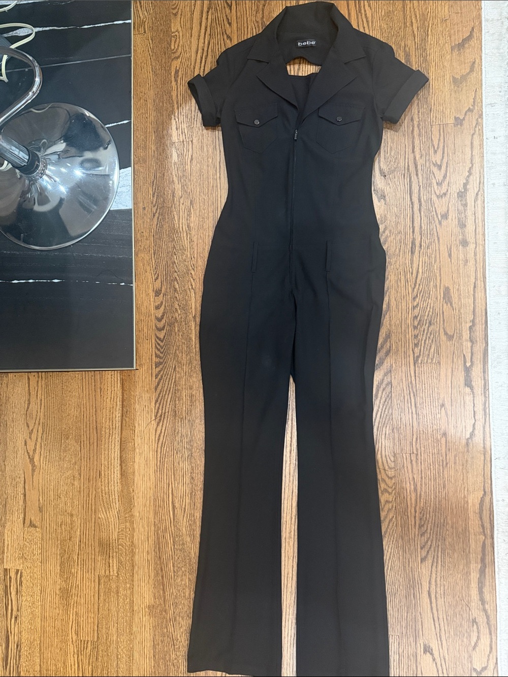 bebe Black Short-Sleeve Zip-Front Jumpsuit with Collar